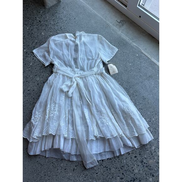 Fein Girls 8 Dress White Embroidered Floral Chiffon Peter Pan Collar Back Bow - Picture 2 of 2